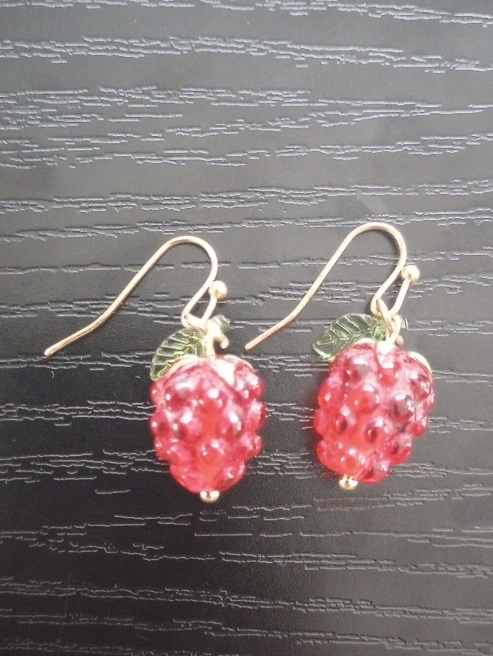 Raspberry Fruit Drop Earrings with Green Leaf Accents